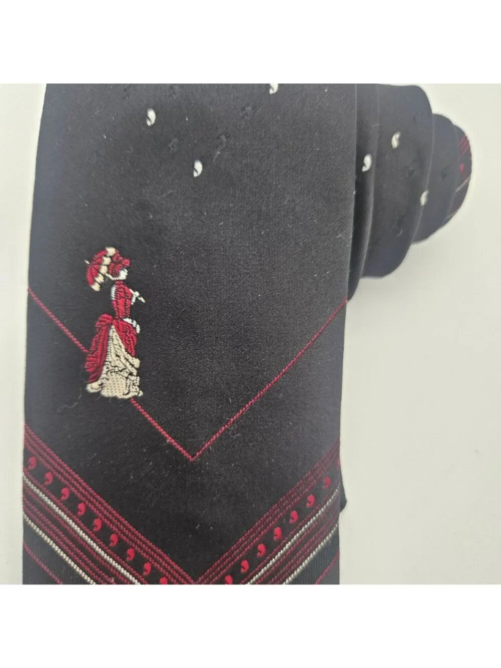 Vintage Dino Orsini Tie Black Red Embroidered Victorian Woman Parasol